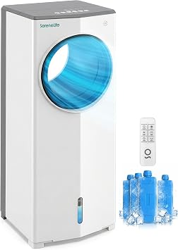 SereneLife Portable Evaporative Air Cooler with 4L Detachable Water Tank, 1800 CFM Evaporative Cooler with Remote & Ice Packs, Indoor Outdoor Air Cooler Portable for Room Use, White & Gray