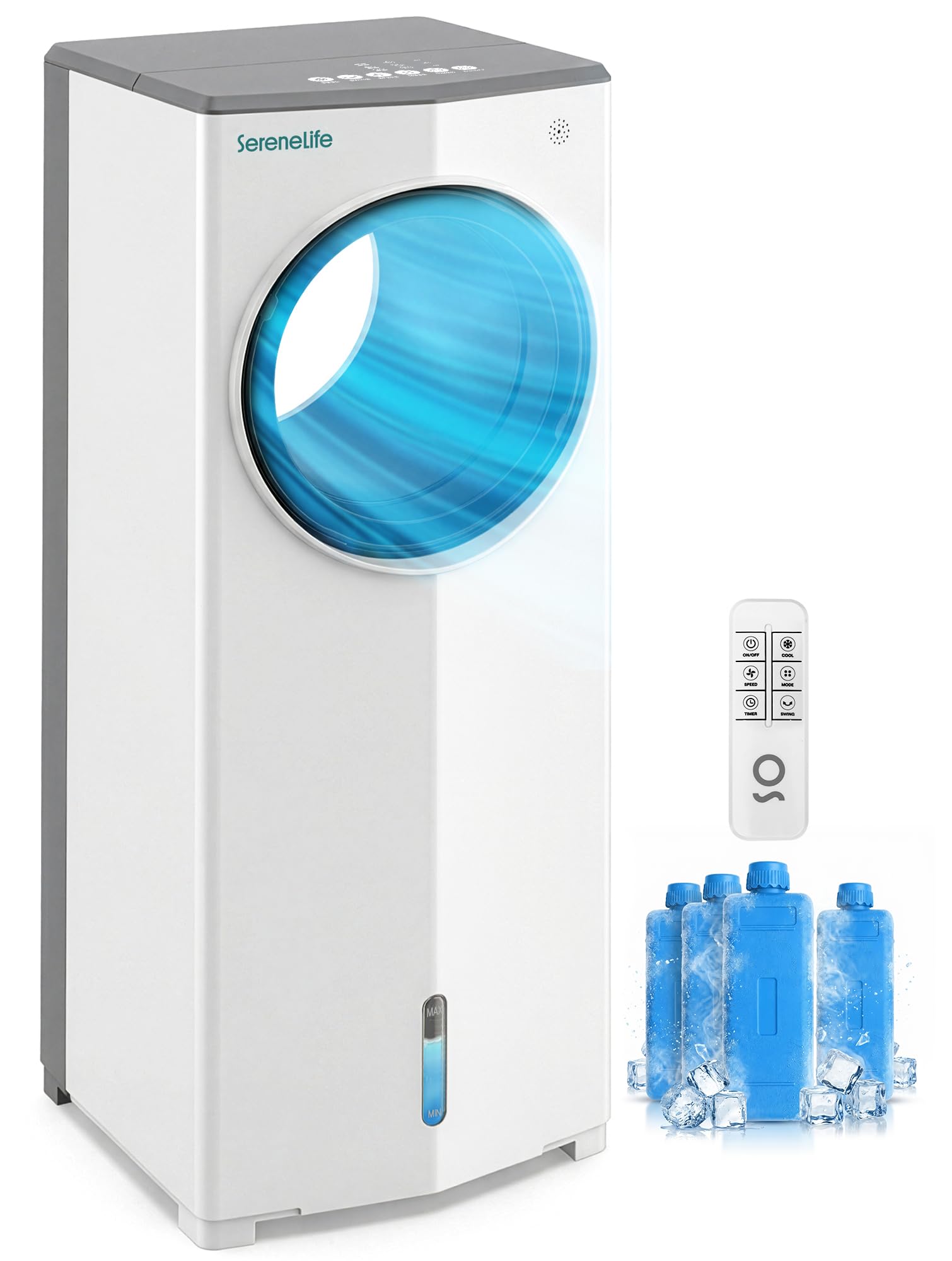 SereneLife Portable Evaporative Air Cooler with 4L Detachable Water Tank, 1800 CFM Evaporative Cooler with Remote & Ice Packs