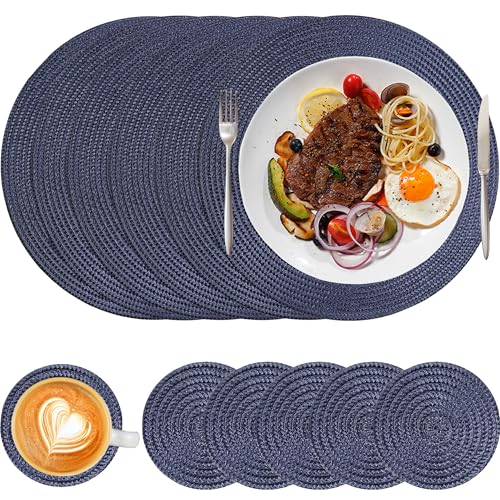 HNVNER Round Placemats and Coaster Set of 6, Woven Place Mats Washable Heat Resistant Table Mats for Dining Table, Navy Blue