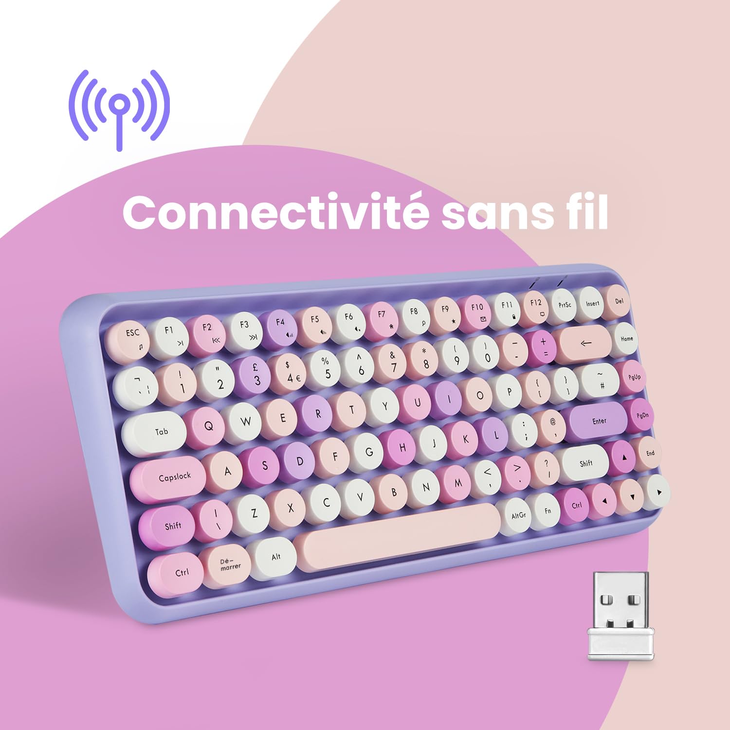 Perixx PERIDUO-713 Zestaw mini bezprzewodowej klawiatury i myszy 2,4 GHz, okrągłe klawisze w stylu retro, fioletowe, AZERTY