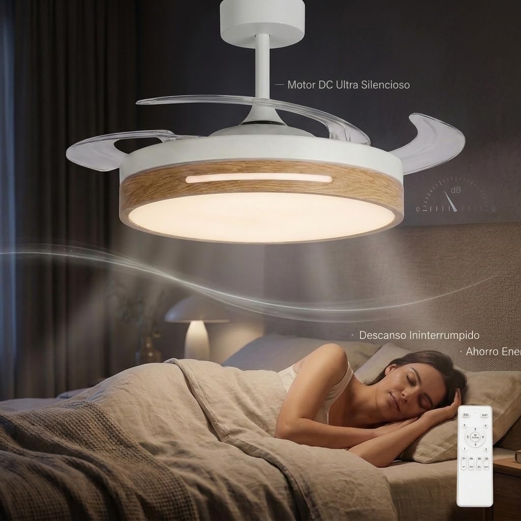 Ventilador de Techo con Luz LED Regulable 60W, Motor DC Silencioso, 3 Temperaturas de Color, 6 Velocidades, Mando a Distancia, Función Verano/Invierno, Modo Noche, 106 cm (Madera Natural)