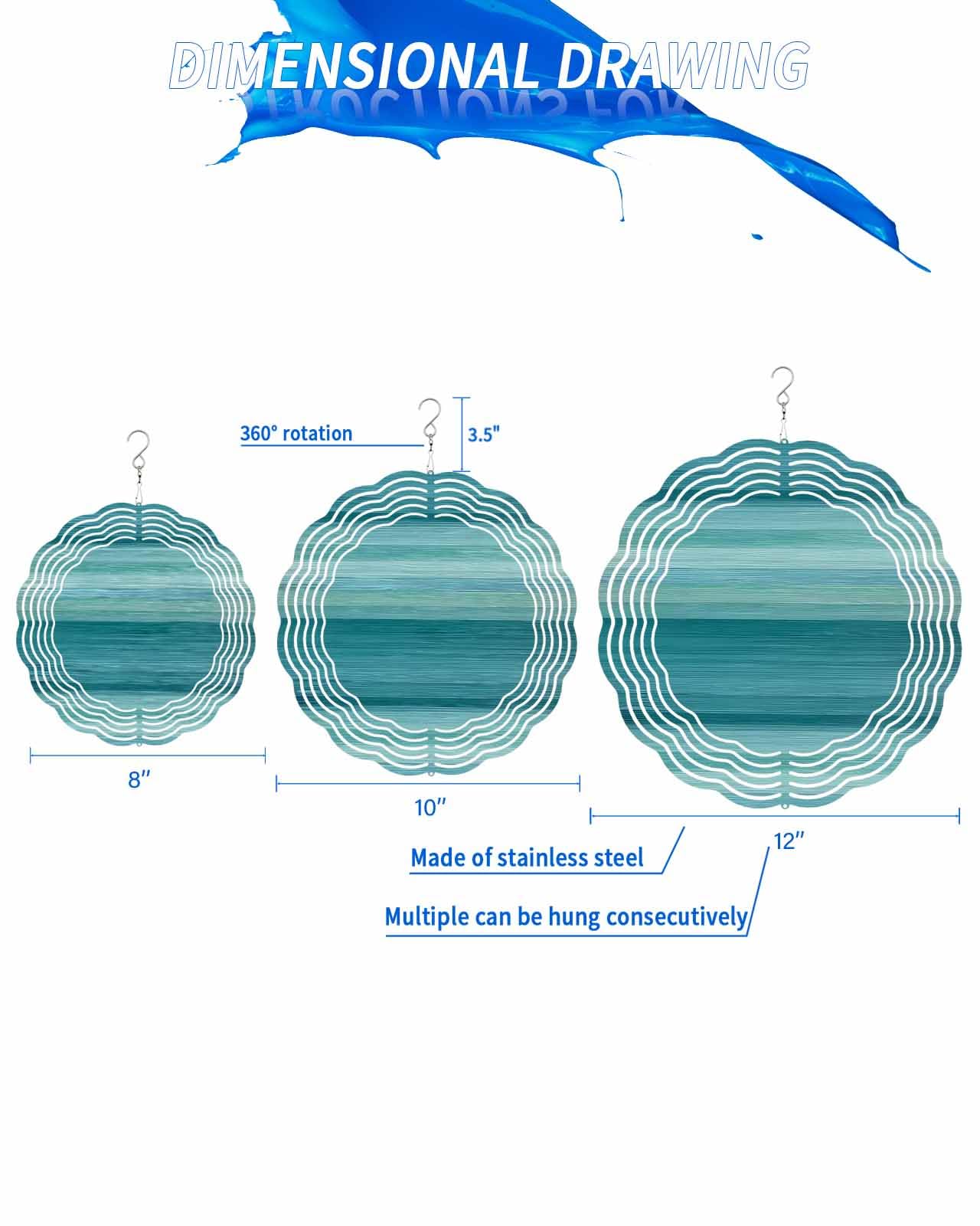 Abstract Wind Spinners, Gradient Cyan Striped Hanging Wind Spinners for Yard and Garden 3D Stainless Steel Metal Sculptures Crafts Ornaments 12 Inch