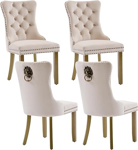 Miniatura 89 de Juego de 4 sillas de comedor de terciopelo beige, sillas tapizadas modernas para comedor con respaldo capitoné y acentos de madera, patas curvas de