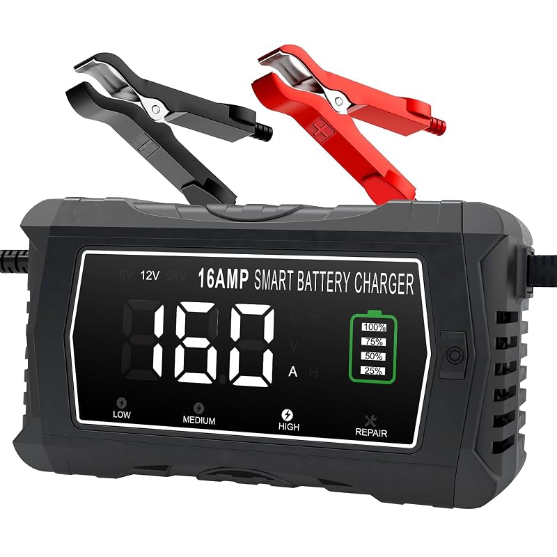 Carregador inteligente de bateria 6 V, 12 V e 24 V Dght, 16 A, automático com manutenção e reparo por pulsos, para chumbo-ácido e LiFePO4, preto