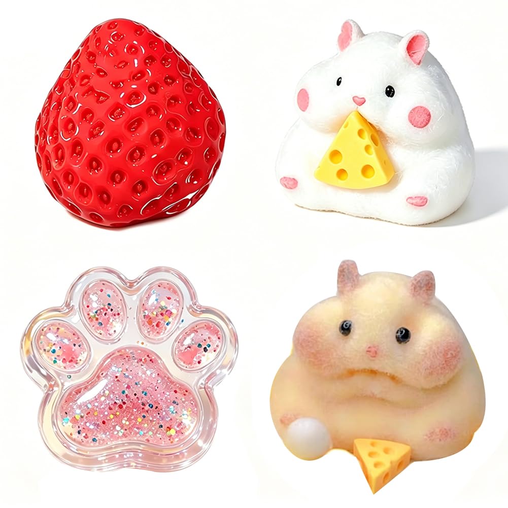 Cute Stress Squishy, 4 PCS Relief Toys for Anxiety Relief, Fidget Toys Suitable Adults Kids, Cat paw, Strawberry, Hamster Squishy Toy, for Decompression Birthday Novelty Gift