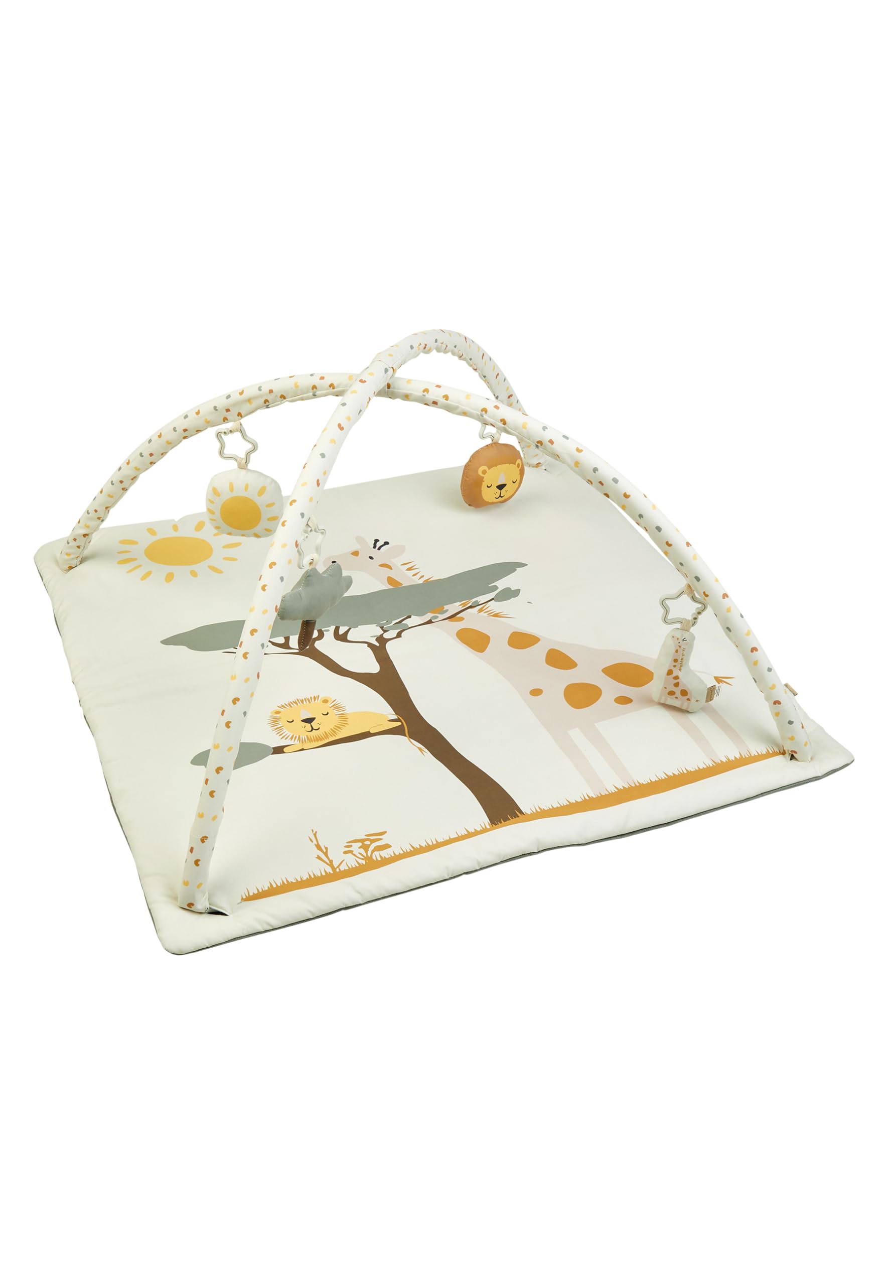 Sterntaler Spielbogen Giraffe & Löwe – weiche Spieldecke mit Druckmotiv – abnehmbare Spielfiguren mit Knisterpapier, Rassel & Quietsche – Baby Activity Decke, ab Geburt - 80x80 cm, ecru