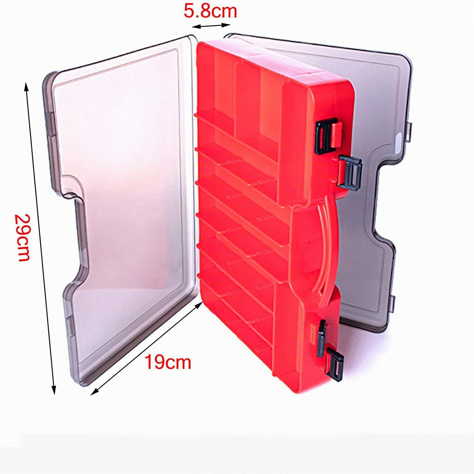 Doppelseitige Angelbox, Kunststoff Angelzubehör Köderbox, Aufbewahrungsbox für Angelzubehör mit Fächern, Wasserdicht Tragbare angel Zubehör Box für Angelbegeisterten (29L x 19B x 5,8H cm, Rot)