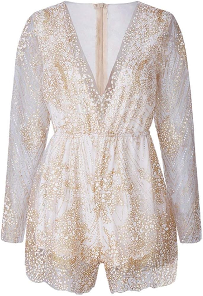 Jumpsuit Damen Kurz Vintage Elegante Pailletten Langarm Festival Playsuit Fashion VAusschnitt
