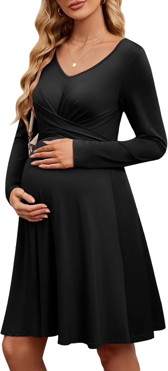 AISWI 2024 Long Sleeves Maternity Dress Fall Criss Cross Self Tie A-line Knee Length Baby Shower Casual Pregnancy