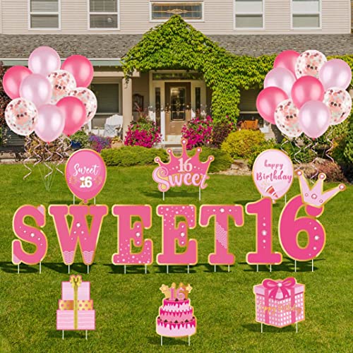 HOBBY HORSE Pink Sweet Happy 16th Birthday Yard Lawn Signs with Stakes Waterproof 16th Birthday Outdoor Lawn Decorations Set with 18 Balloons for Girls Birthday Party Supplies Lawn Decor