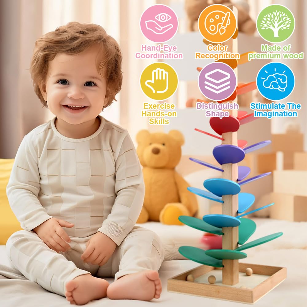 Drewniana wieża dźwiękowa, 72 cm, tęczowa kolejka dla kulek od 1 roku, duża kolejka kulkowa z 10 kulkami i 6 kolorowymi poziomami, Montessori tęczowa wieża drewniana