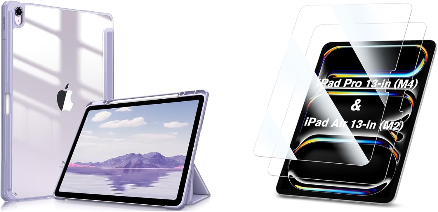 Fintie Bundle: Fintie Hybrid Slim Case for iPad Air 13-inch (M2) 2024, [Built-in Pencil Holder] Shockproof Cover Clear Transparent Back Shell + [2-Pack] Tempered Glass Screen Protector