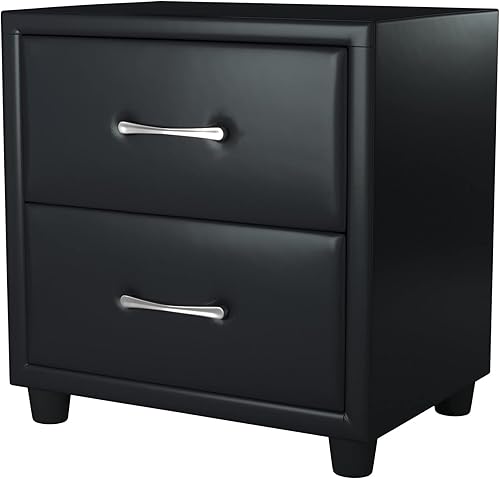 Miniatura 7 de NewCosmos Contemporary Durable Black Faux Leather Covering 1pc Nightstand of Drawers Silver Tone Bar Pulls Stylish Furniture
