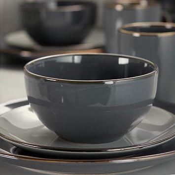 Elama Tahitian Grand 16 Piece Luxurious Dinnerware Set in Stone and Slate with Complete Setting for 4