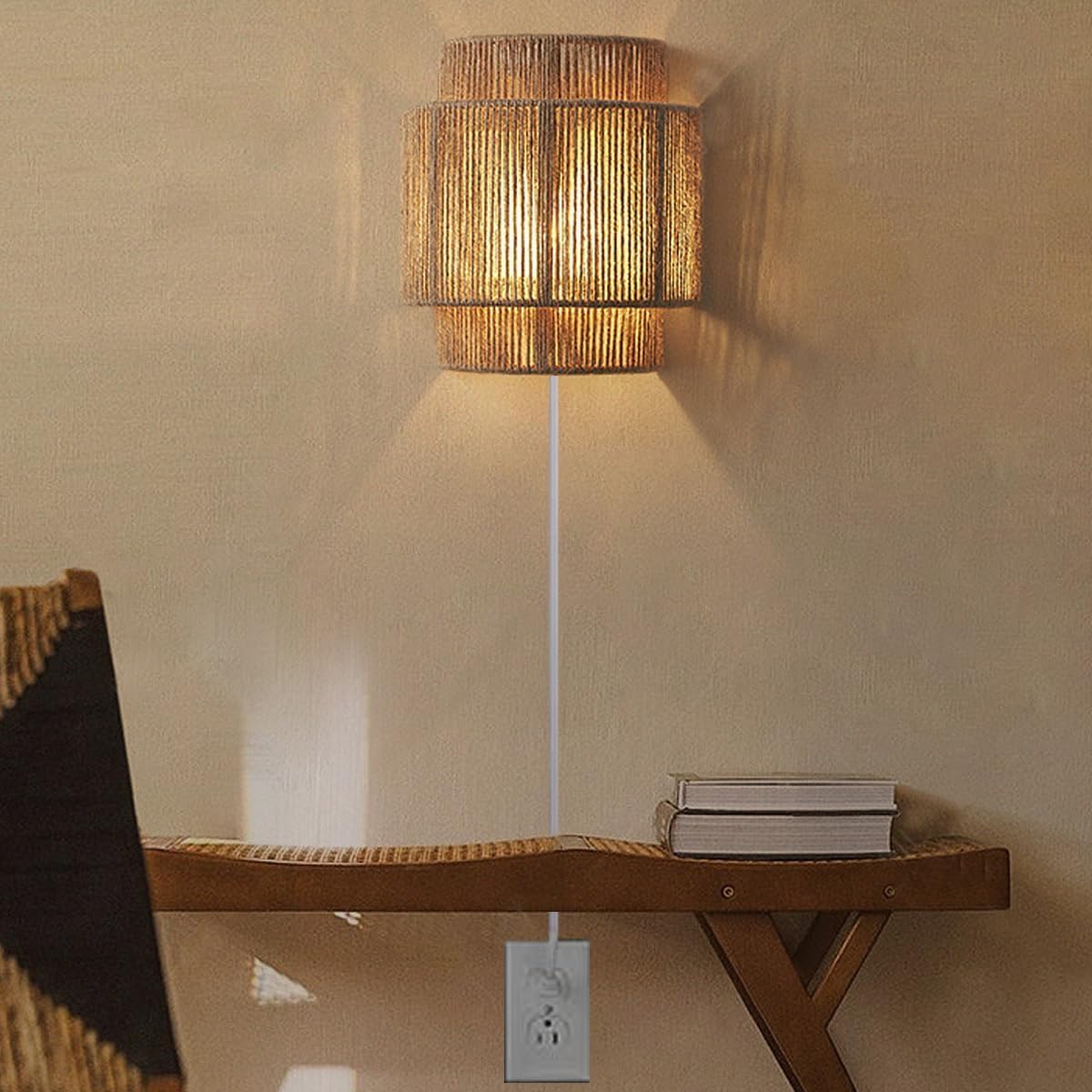 Wandleuchte Innen mit Schalter, E27 Boho Vintage Rattan Wandlampe mit Stecker Kabel, UP & Down Beleuchtung Nachttischlampe Handgewebter Rustikal Rattan Bambus Dekolampe für Wohnzimmer Schlafzimmer