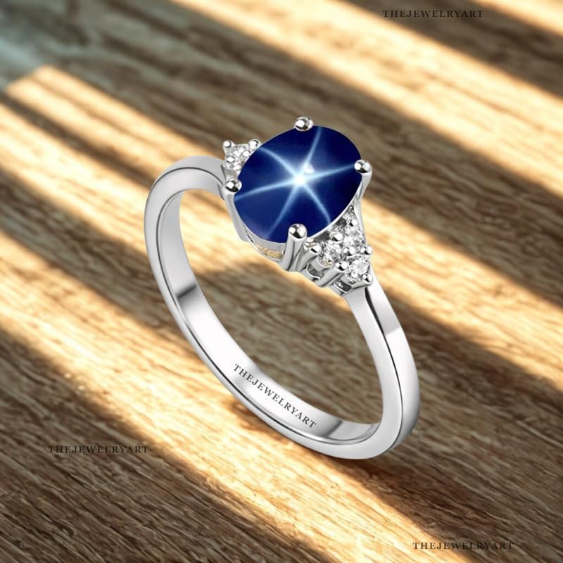 Natural Asterism Blue Star Sapphire Promise Ring Sterling Silver with Sparkling CZ Diamond Accents Fine Jewelry Ring for Engagement, Promise, or Special Occasions