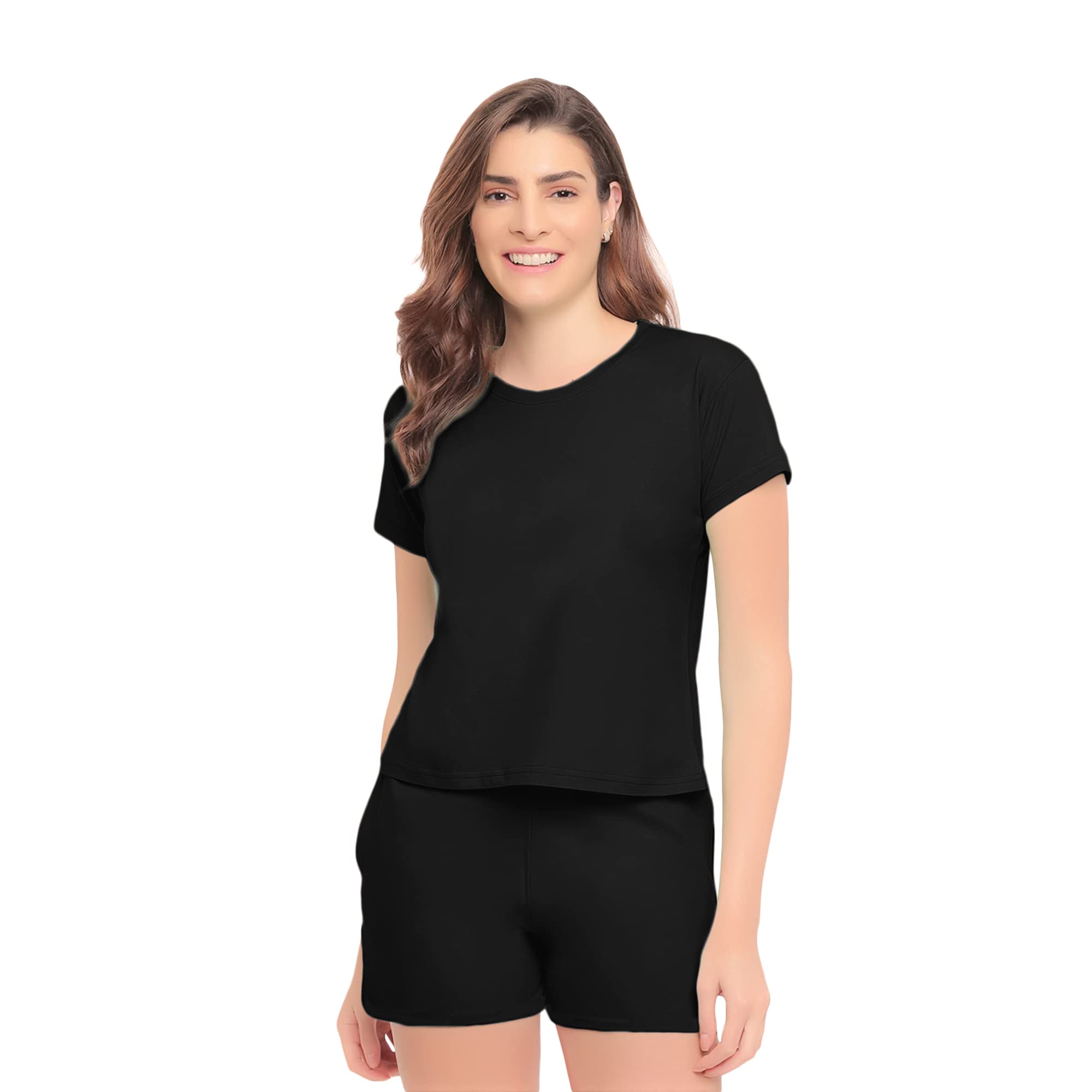 notwild Women's Cotton Summer T-Shirt with Shorts Round Neck Half Sleeve Night Dress Set Sleepwear Loungewear T-Shirt & Boxers Combo Set for Girls-picture-14