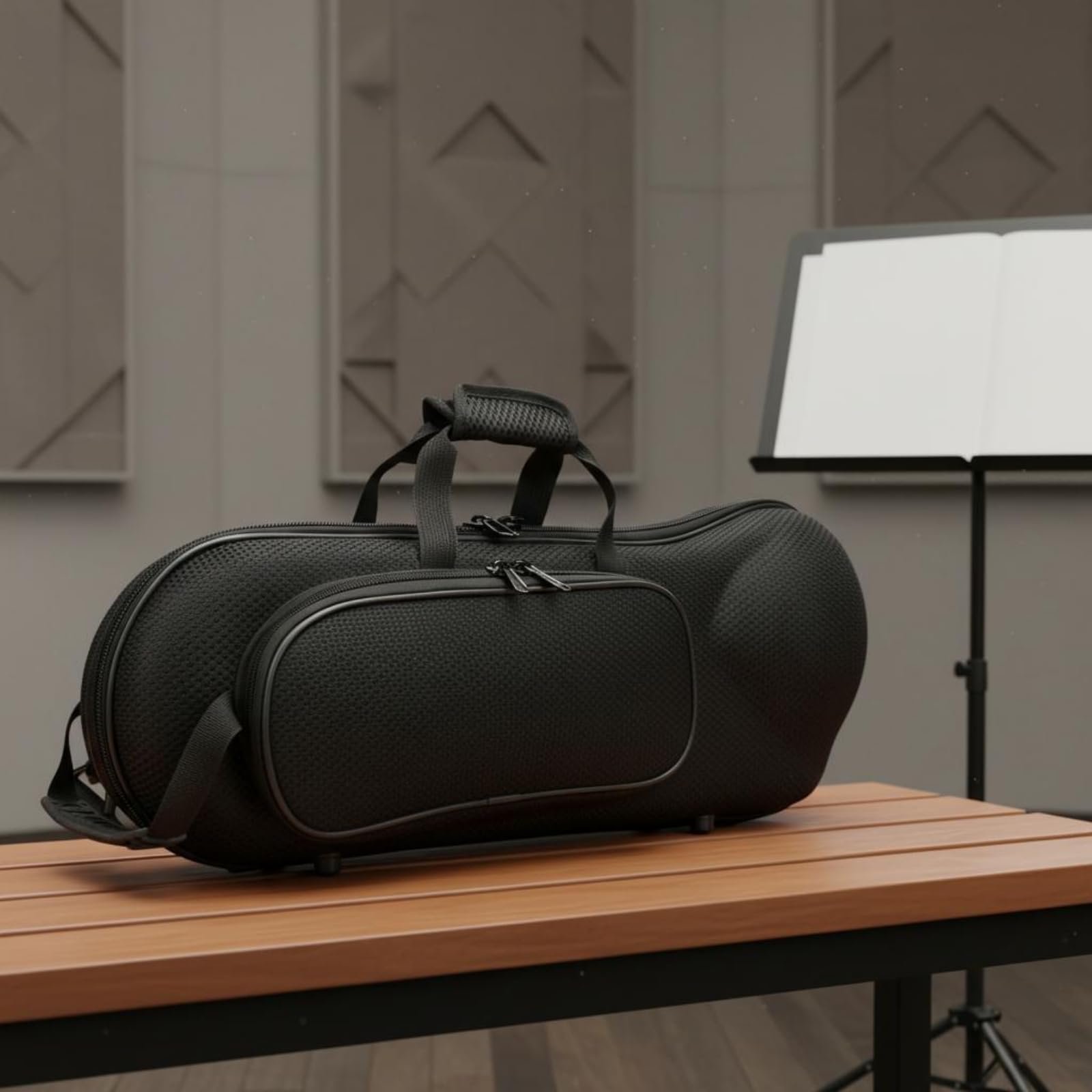 Custodia per Tromba con Design in Ottone Corpo Sagomato Scomparto Accessori Frontale Manico Ergonomico Tracolla, Oxford Nero, Array, Nero Oxford