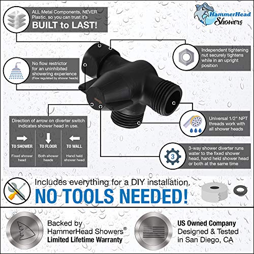 image for HammerHead Showers All Metal 3-Way Shower Arm Diverter Valve for Dual 