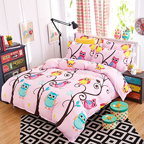 FY King Size Home Decora Pink Owl Pillowcase Quilt Duvet Cover Bedding Set 3pc Quilt Cover