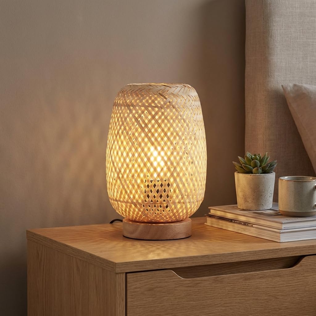 BARCELONA LED – Lámpara de Mesa de Mimbre y Madera "Ruka" – Diseño Artesanal con Pantalla Enrejada. Estilo Rústico, Boho Natural. E27 – Lámpara de sobremesa ideal para Salón, Dormitorio.