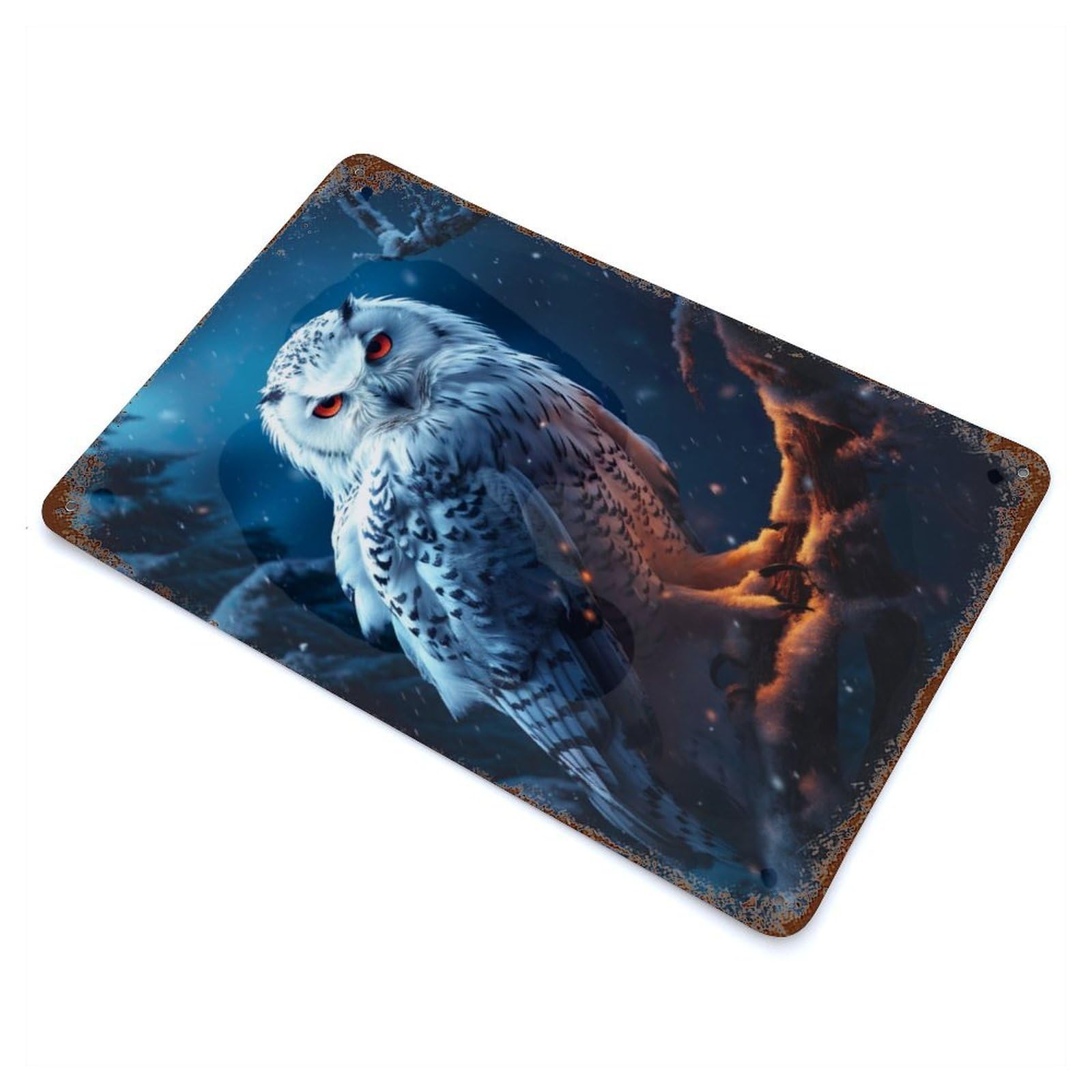 Rust Effect Epic Snowy Snow Owl Rusty Metal Tin Sign 11.8"x7.9", Old School Wall Decor for Basement, Hobby Room And Garage Decor