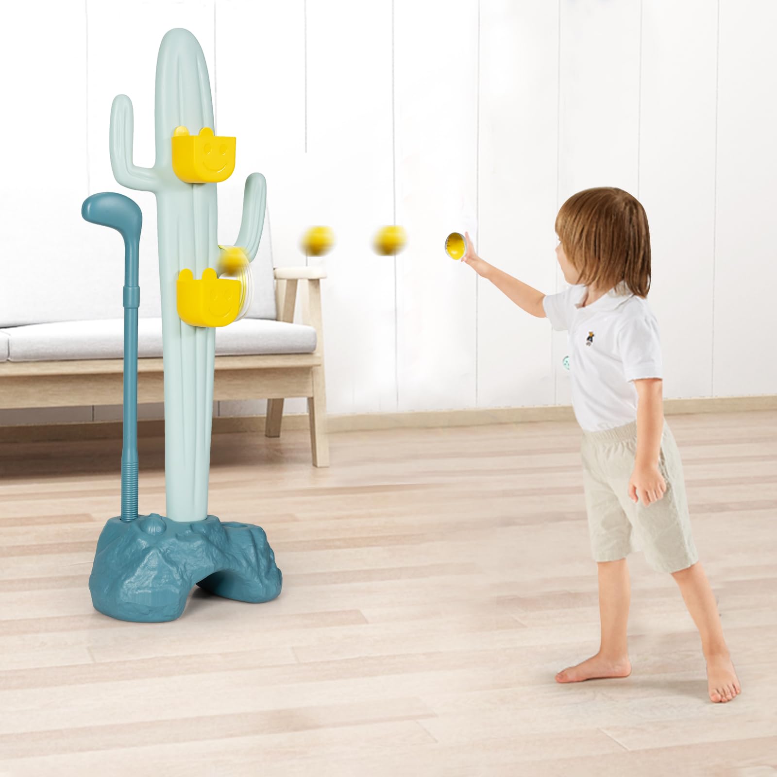 COSTWAY 3 in 1 Sport Center Toy with Golf, Ring Toss and Sandbag Toss, Kids Activity Centre Cactus Toy Stand for 3+ Years Old, Tool-free Assembly