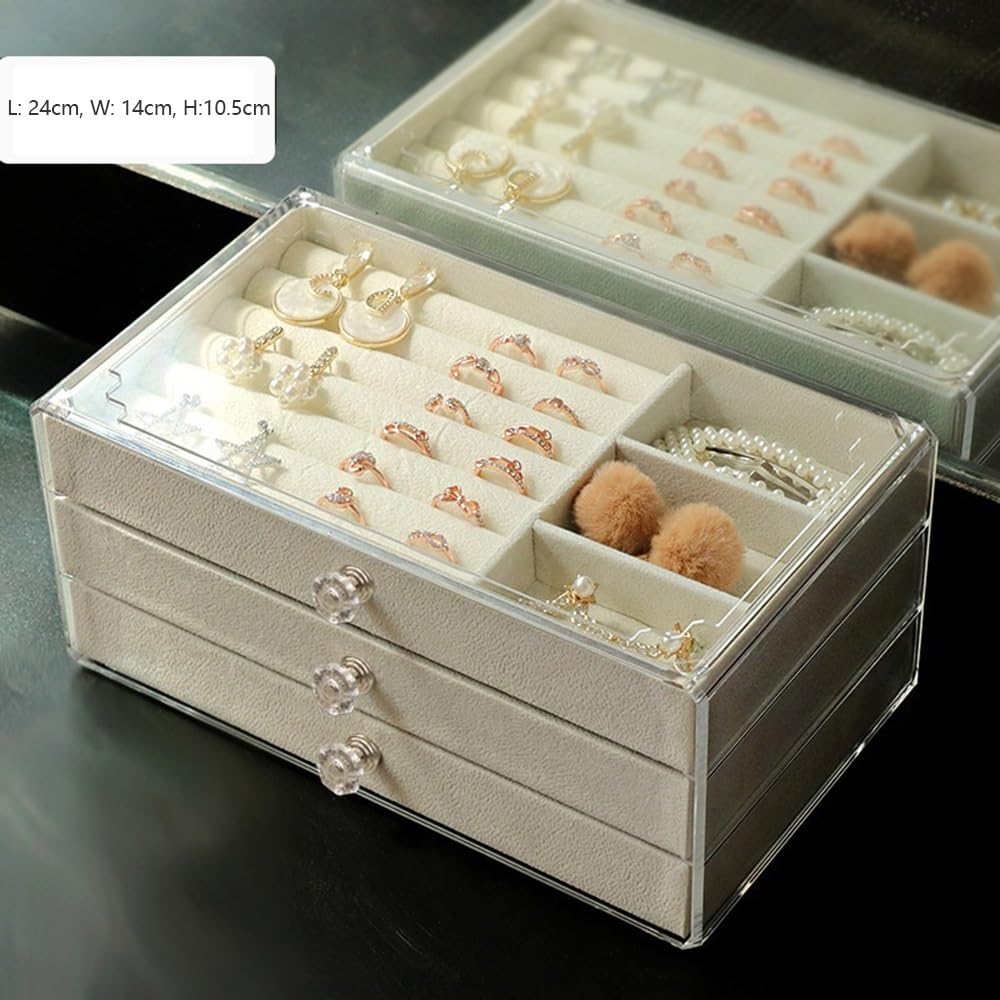 Caja de almacenamiento de joyas de terciopelo acrílico con 3 cajones para