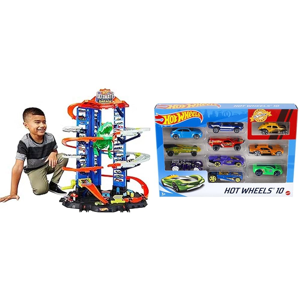 Hot Wheels City Robo T-Rex Ultimate Garage + Hot Wheels Toy Cars