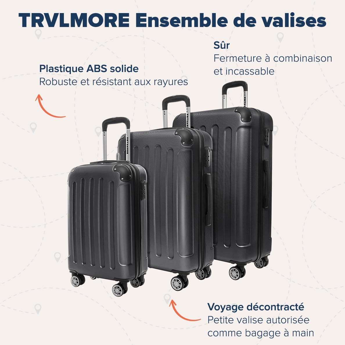 TRVLMORE Set Valise Rigide - Lot Valise - 3 Set de Valise de Voyage - Set Valises Rigides 4 roulettes - Luggage - Set 3 Valises - Ensemble Valise - Suitcase Set - Noir