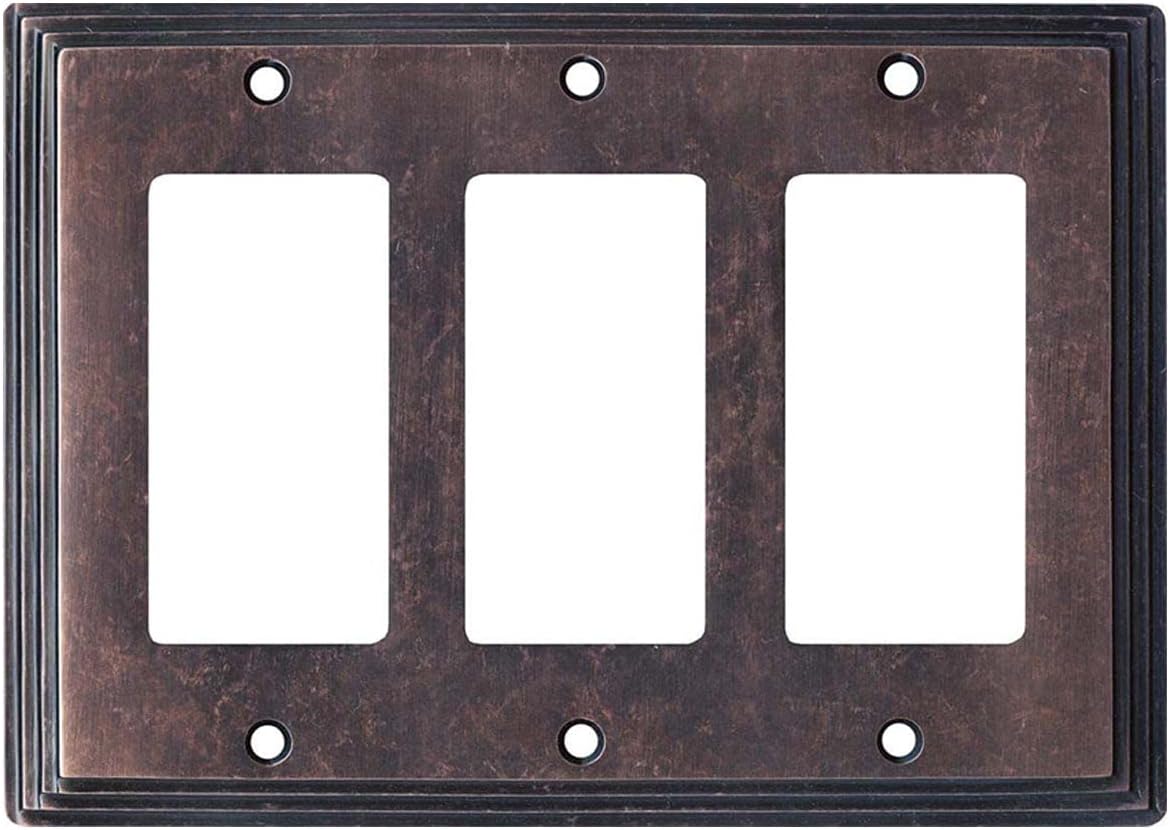 Satin Antique Brass Art Deco Step Light Switch Cover | 2 Toggle - 1 GFI Rocker | 6.75" x 4.875" | Electrical Outlet Plug Wall Plate Outlet Covers | Socket Outlet Wall Plates