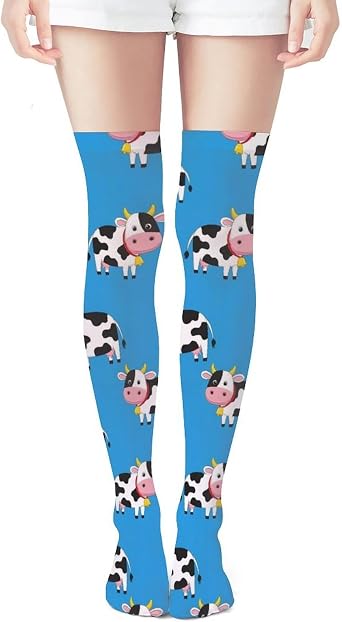 Moisture Control Hiking Socks Womens Thermal Thigh Highs, Cute Cartoon Cow Durable Non-Slip Crew Socks for Trekking, Skiing & Outdoor Adventures