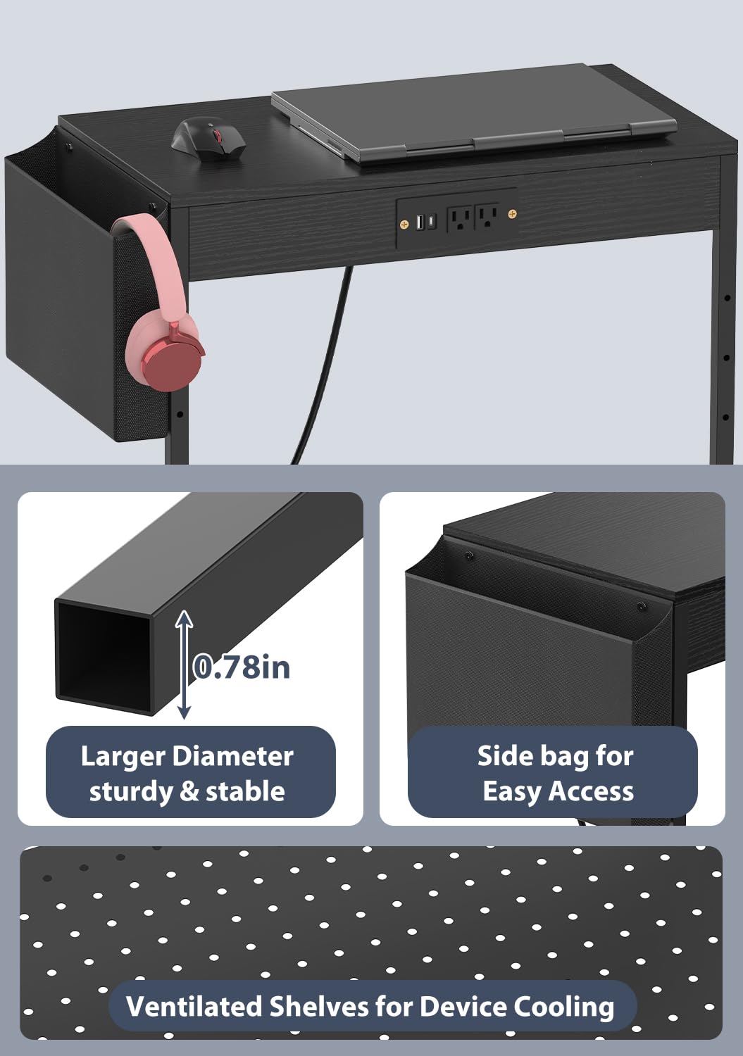 Support PC avec station de charge, support de tour d'ordinateur sur roulettes, noir