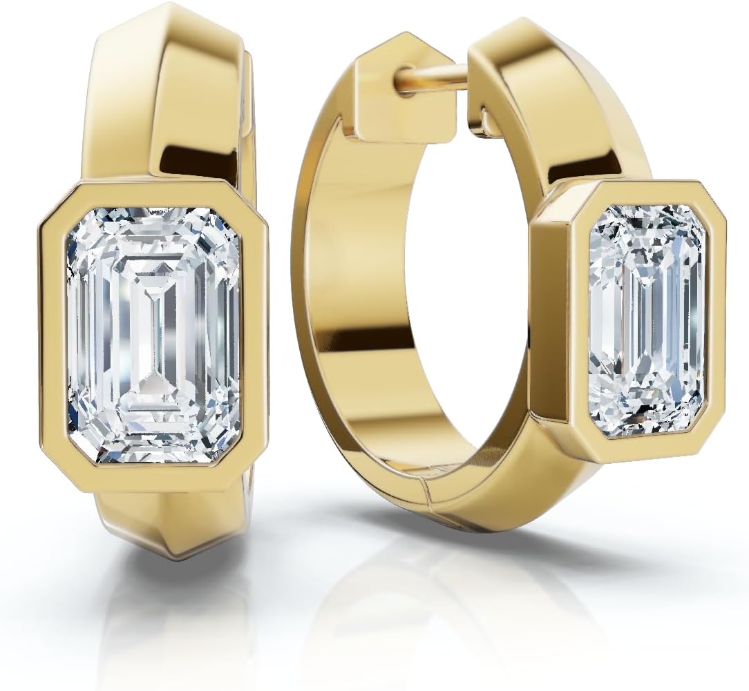 Pompeii 1 1/3Ct Emerald Cut Brava Bezel Diamond Hoops 5/8" Huggies 14k Gold Lab Grown (EF,VS1-VS2)