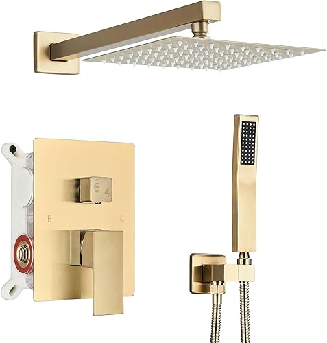 Miniatura 29 de Juego de grifo de ducha de níquel cepillado con cabezal de ducha de lluvia de 12 pulgadas y rociador de mano montado en la pared con válvula