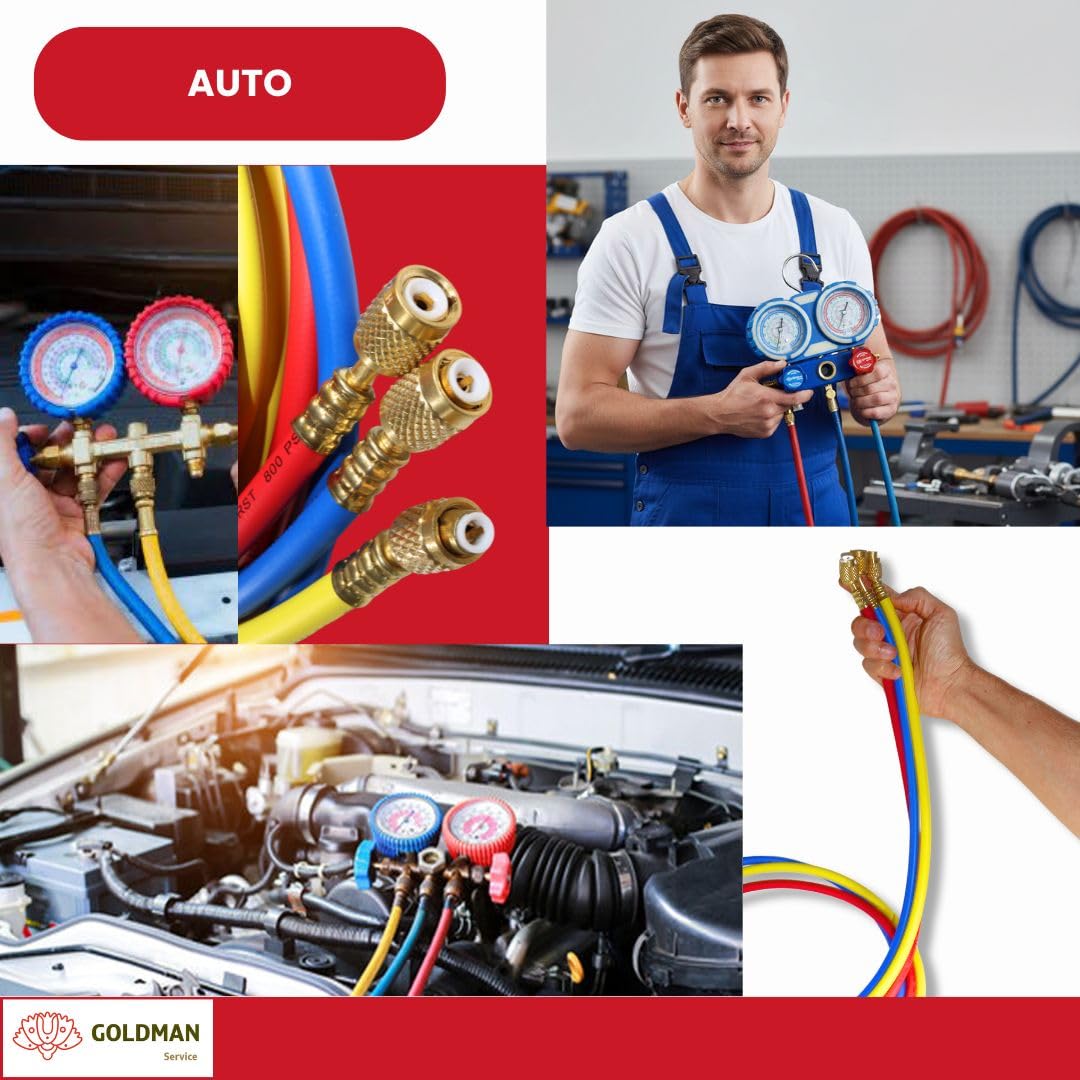 GOLDMAN SERVICE | Kit Manometro Climatizzazione con 3 Tubi di Ricarica e Misura di Gas Refrigerante per Auto AC | R410A R407C R32 R134a