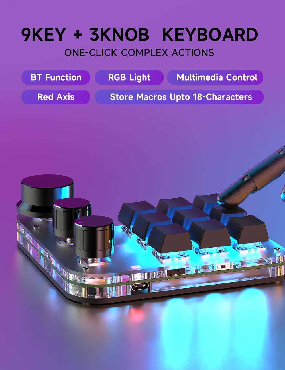 9-Keys USB Mini Keypad, Programming Macro Pad with 3 Knobs, RGB Macro Mechanical Gaming Keyboard for OSU NKRO, Hot-Keys One-Handed Mechanical Keyboard (9Key 2.4G)