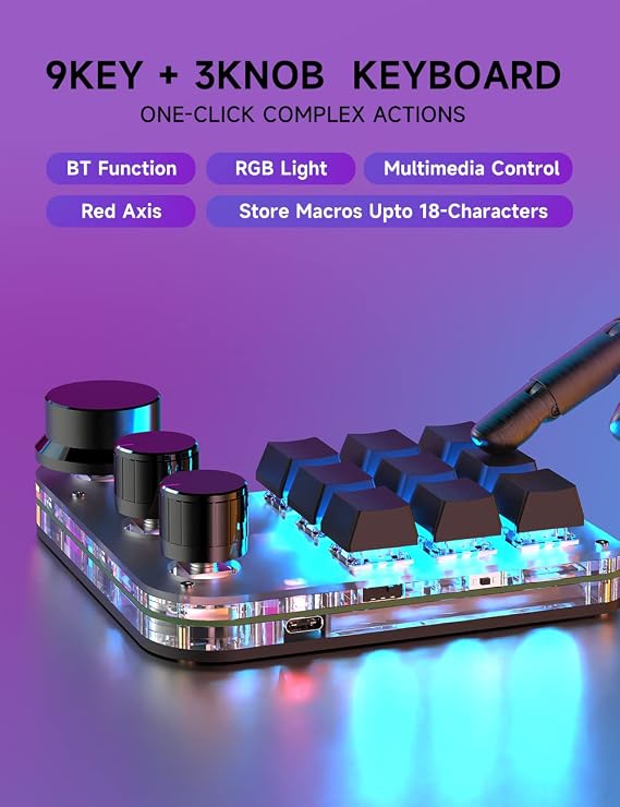 9-Keys USB Mini Keypad, Programming Macro Pad with 3 Knobs, RGB Macro Mechanical Gaming Keyboard for OSU NKRO, Hot-Keys One-Handed Mechanical Keyboard (9Key 2.4G)