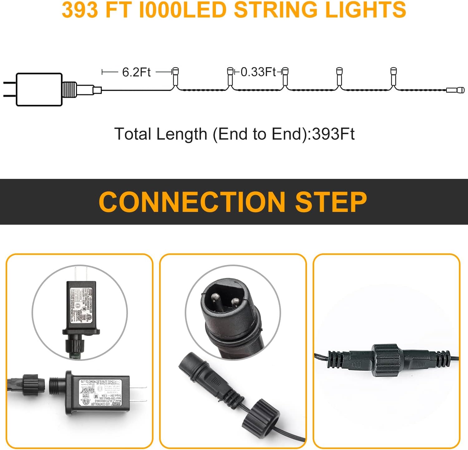 Haili 1000 Led Christmas Lights, Plug in 8 Lighting Modes Waterproof, Outdoor Christmas Lights for Tree Yard Party Indoor Outside Decorations (393FT, Multi Colored)