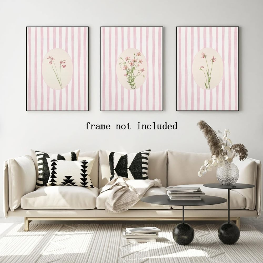 Pink Striped Floral Wall Art Set of 3 Rustic Farmhouse Botanical Canvas Prints Vintage Cottagecore Flower Poster for Girls Room Bedroom Bathroom Nursery Aesthetic Wall Decor 16x24inch Unframed