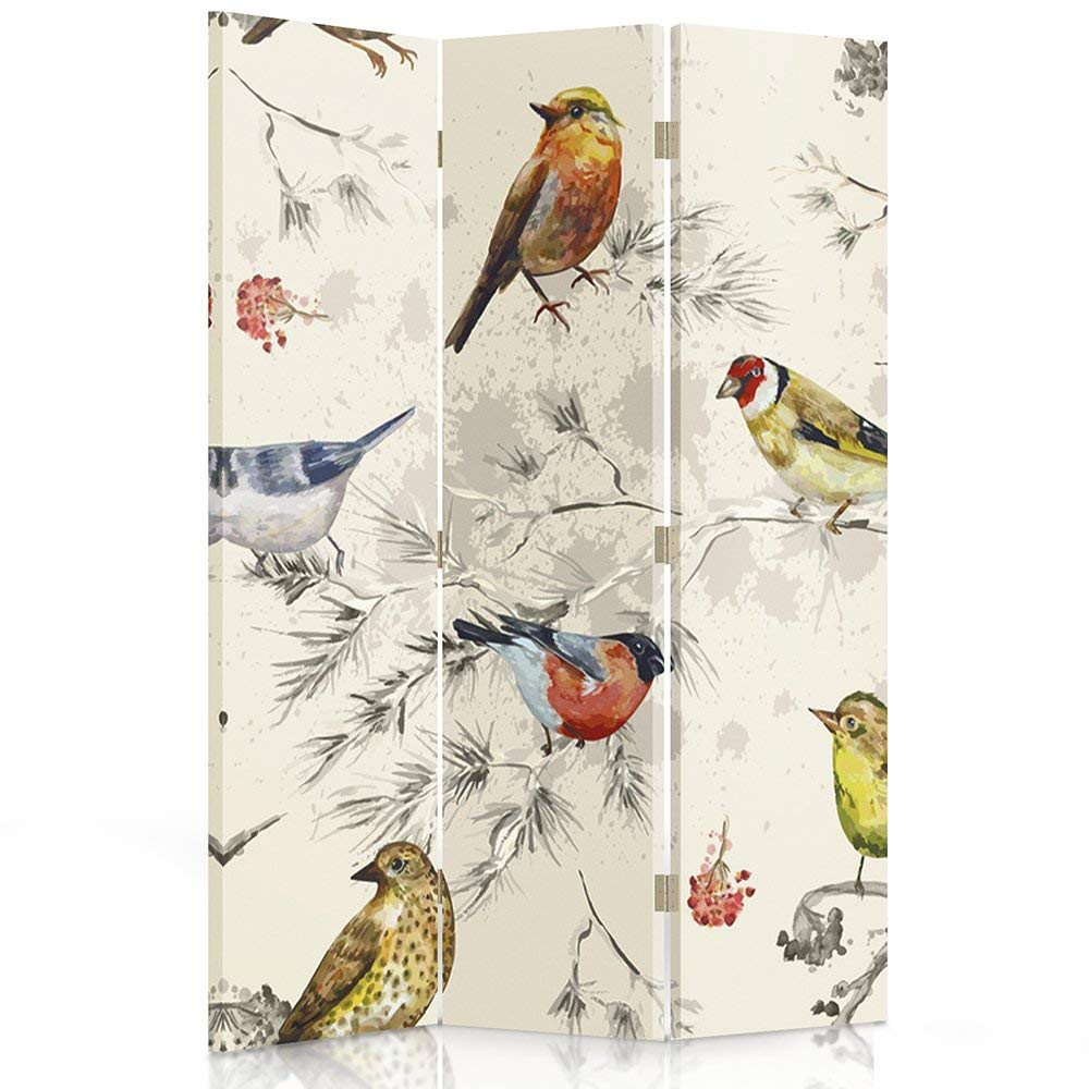 Feeby Paravent Oiseaux Branches 3 Panneaux 110x150 cm Une Seule Côté Cloison de séparation Écran Pliant Interieur Décoratif Mur Espagnol Impression sur Toile Chambre d'enfant Salon Bureau Beige