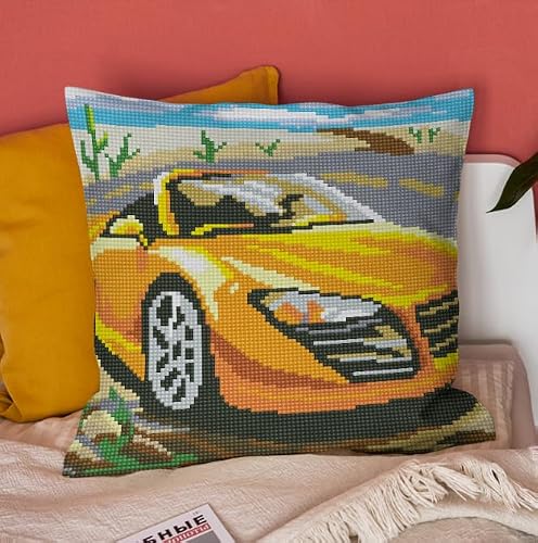 EUPLI Cross Stitch Cushion Kit Cross Stitch Kits for Adults Beginners DIY Kit Cushion Cover Pillow Cover Embroidery Kit, Car 43 * 43cm