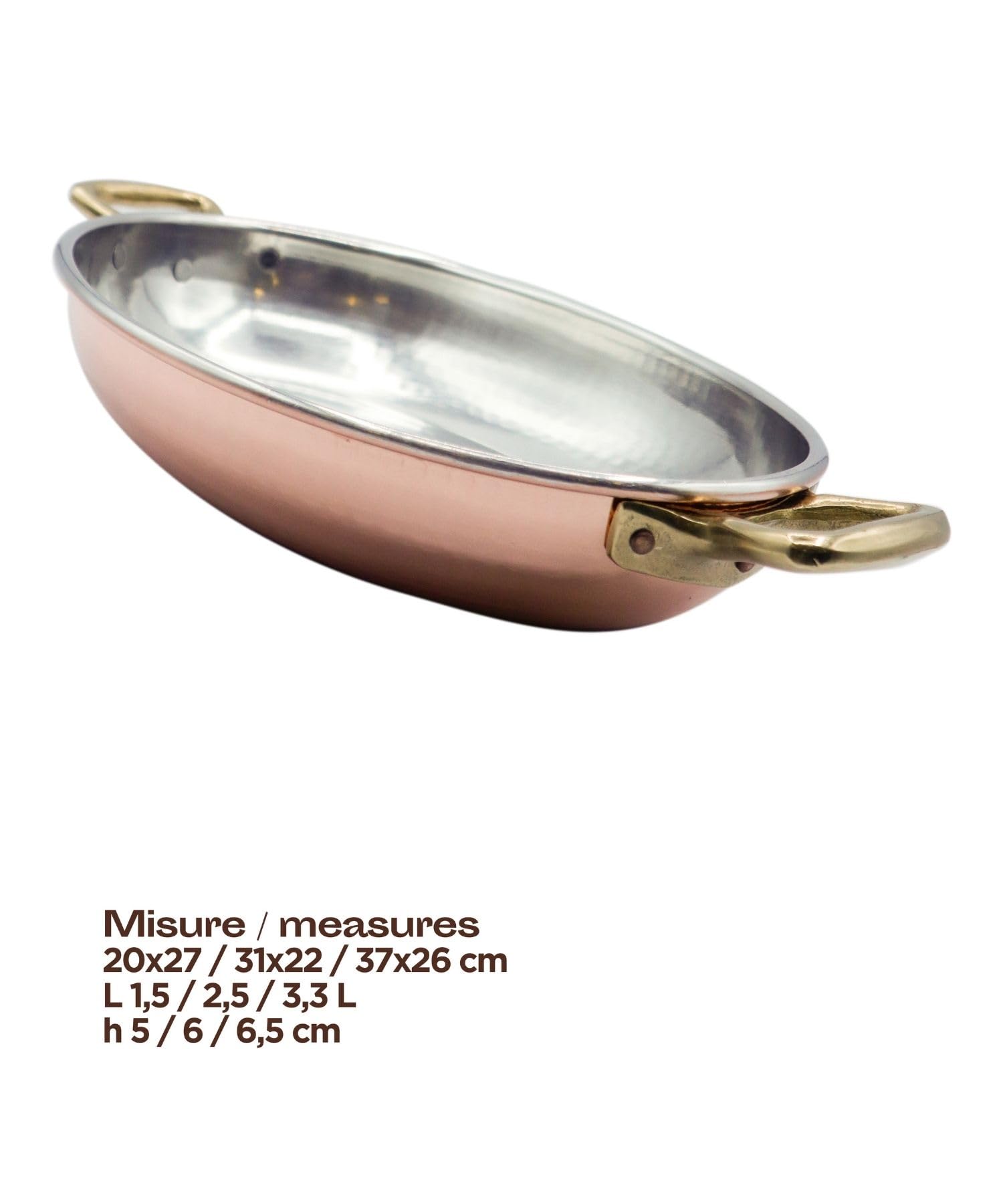 CREARTISTIC 100% Made in Italy Verzinntes Kupfer Oval Flache Kupferpfanne - 27x20 cm H 5cm x 1.5 L, mit 2 Messinggriffen à 4 cm, Serviertopf, Handgemacht