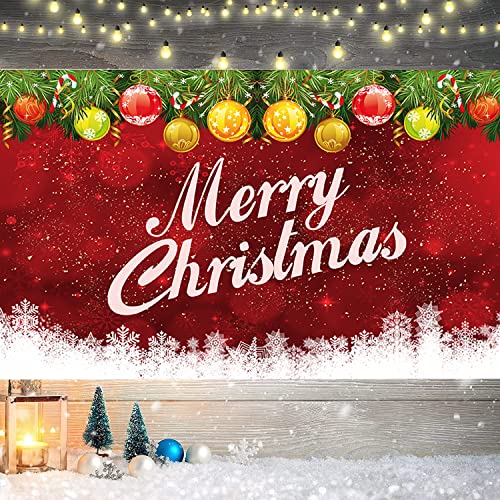 Large Merry Christmas Banner Christmas Ball Snowflake Backdrop Christmas Wall Scene Christmas Holidays Party Decor Supplies Gifts 70 x 43 Inch