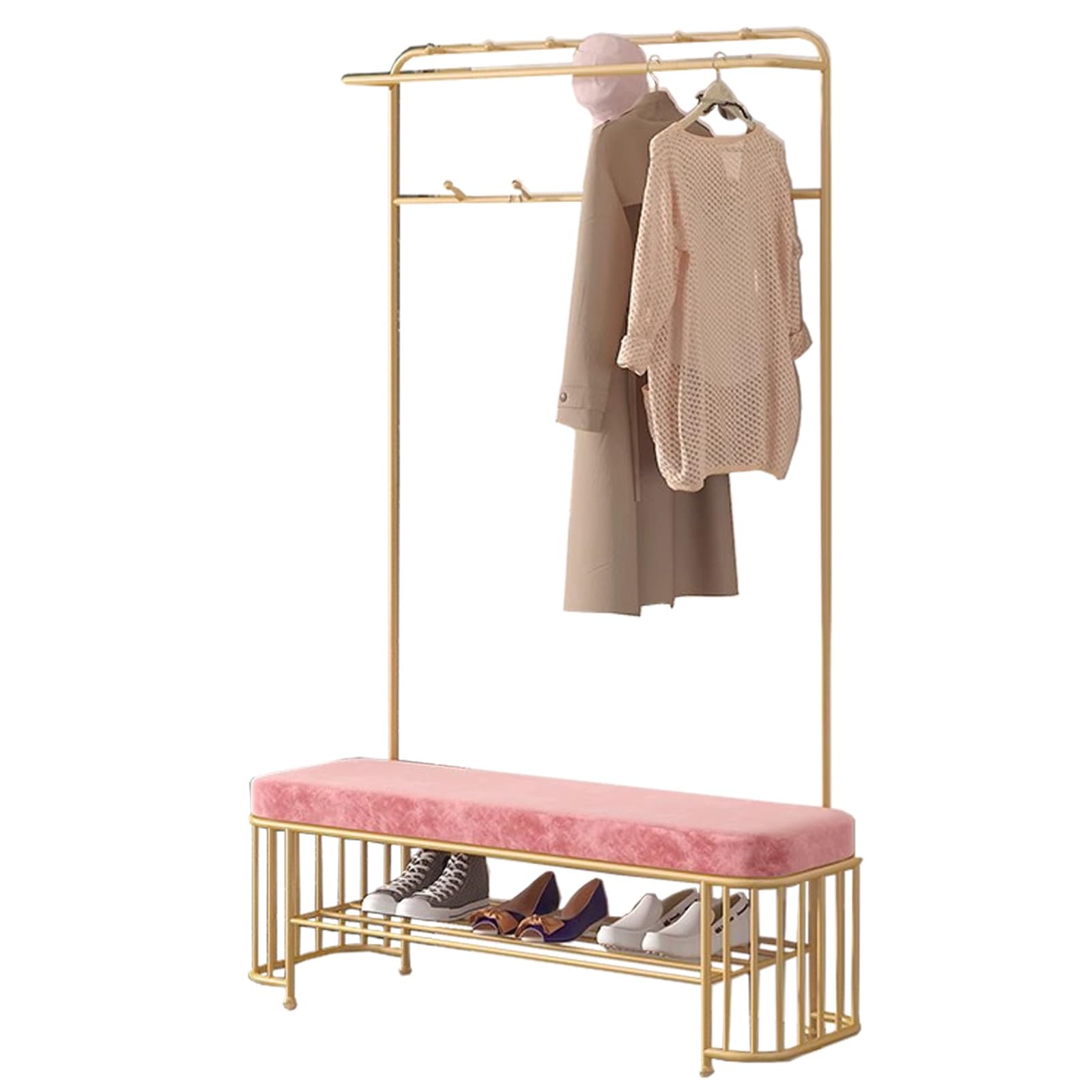 Banc d'entrée avec rangement à chaussures et porte-manteau - Meuble d'entrée rembourré rose pour couloir et chambre à coucher - 80 cm