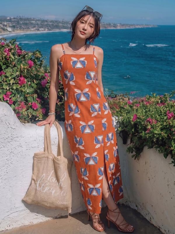 Image of Varanga Women's Rust Orange Batik Print Cotton Maxi Dress with Lace-Up Back