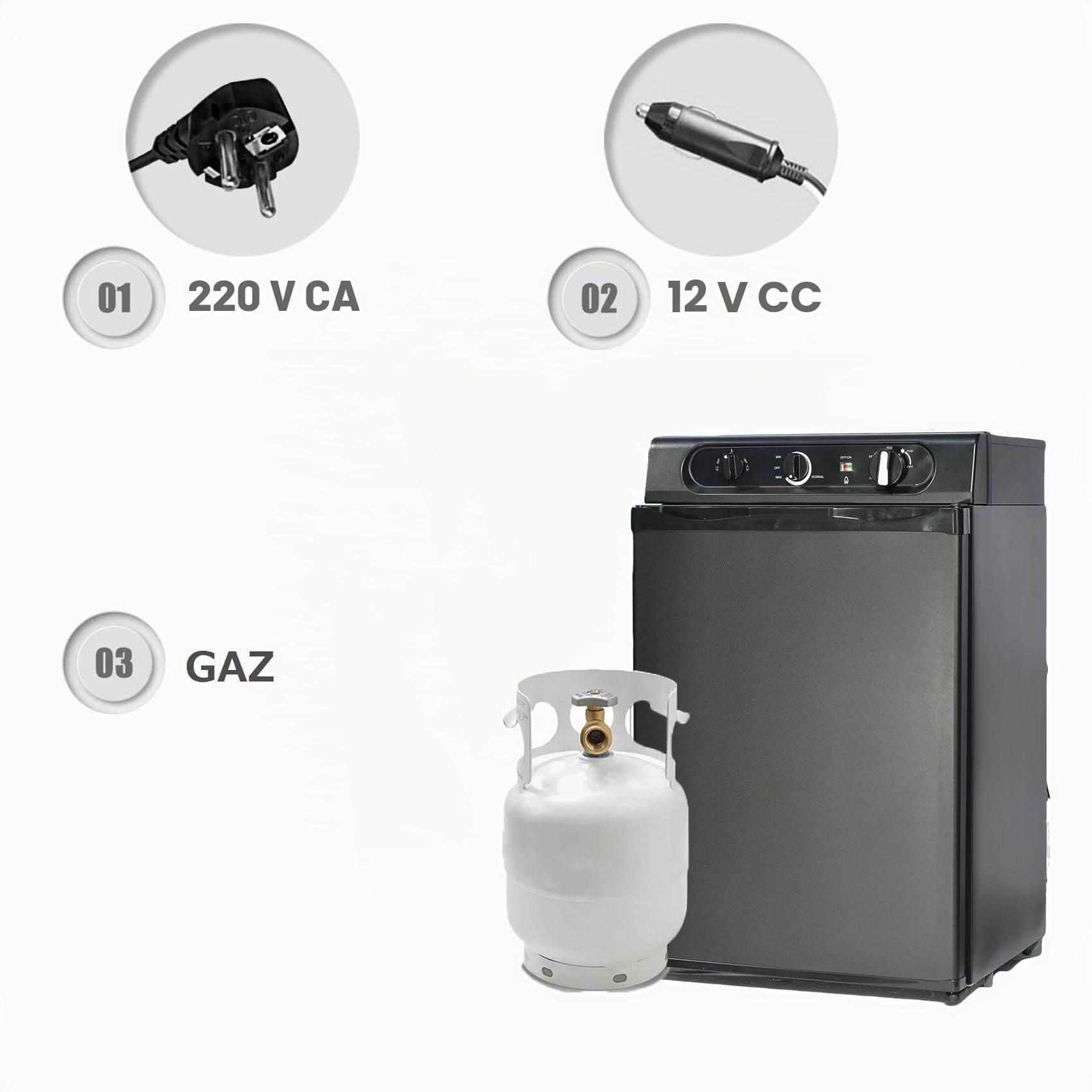 Nevera a Gas Butano para Caravana, Nevera Trivalente 12v 220v para Camping, Autocaravana, Camión, Coche, Negro, 60L