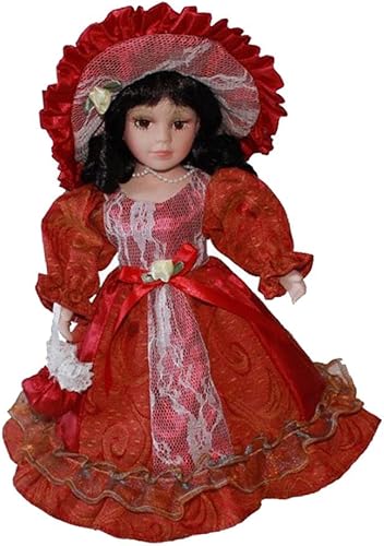 Unknown - Miniaturas de porcelana elegantes de 12 pulgadas, pelo de niña, sombrero, bolso, zapatos, vestido y soporte de exhibición, color rojo