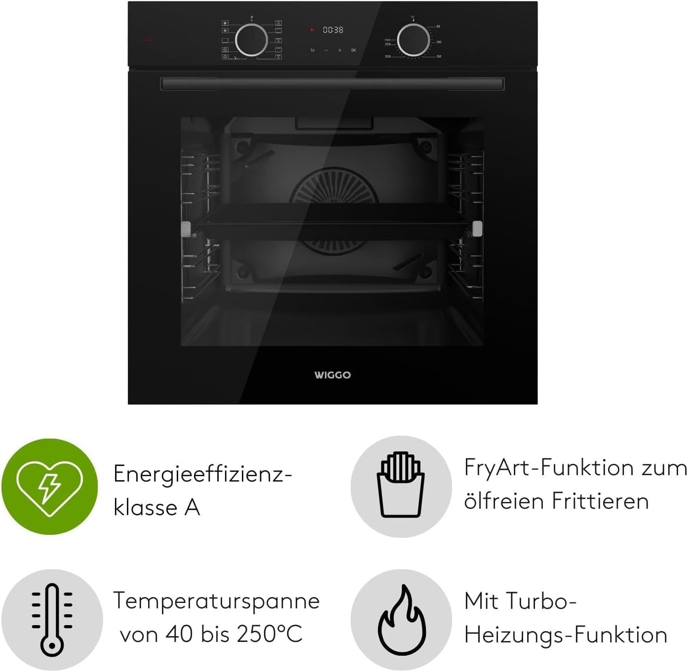 [ Test bardzo dobry, Note 1.1 *] WIGGO zestaw do piekarnika czarny 60 cm, 73 l z prowadnicami teleskopowymi i Airfry, samoczyszczący, 10 funkcji, miękki zamek, piekarnik do zabudowy, klasa A