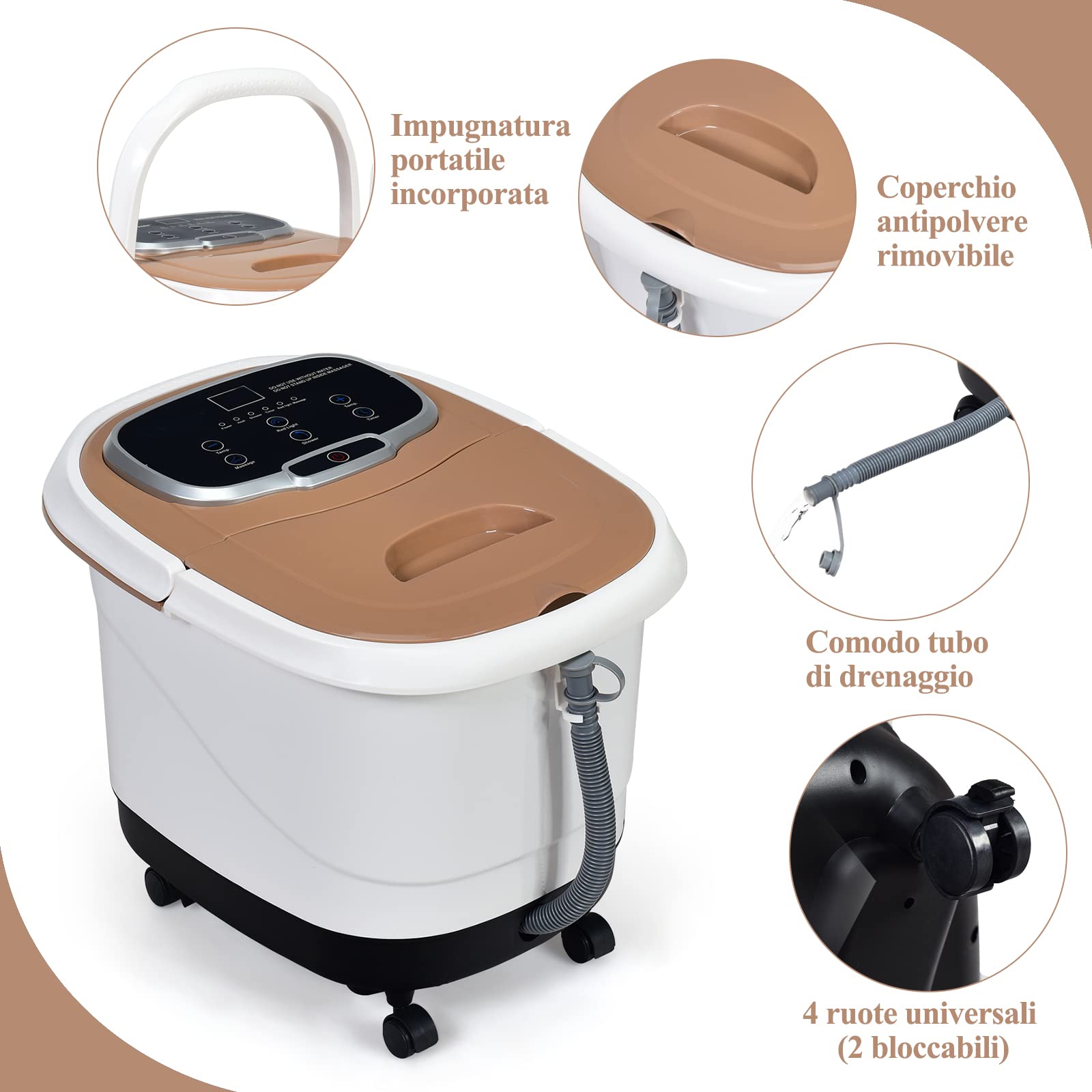 RELAX4LIFE Pediluvio Idromassaggio Elettrico 3 in 1 con Doccia, Riscaldamento Rapido e Mantenimento Temperatura, Sterilizzazione a Infrarossi e Timer 60min, Copertura con Rotelle